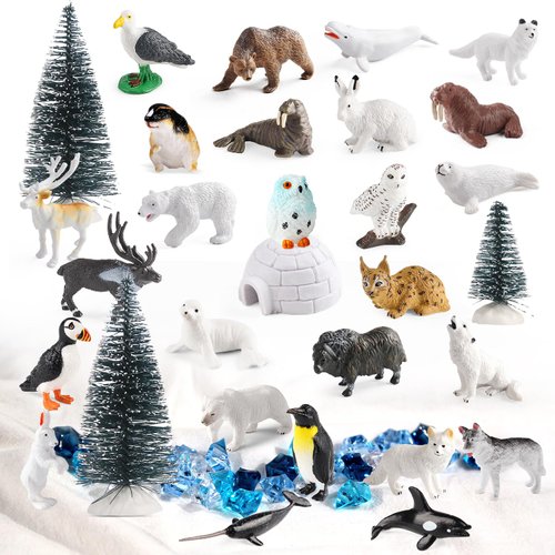 SIENON 60Pcs Arctic Animal Toy Set Includes 27Pcs Mini Polar Animal Figurines with Polar Bear, Pe...