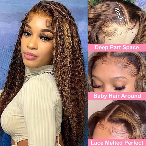 Highlight Lace Front Wig Human Hair 13x4 Water Wave Ombre Honey Blonde HD Transparent Lace Front Wigs for Women 180 Density 4/27 Glueless Wigs Human Hair Pre Plucked with Baby Hair 20 Inch