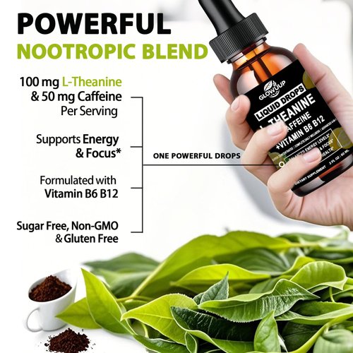 L Theanine Caffeine Liquid Drops for Women & Men, Energy Caffeine w. L-Theanine 100mg Vitamin B12 B6, High Potency Nootropic Brain Supplement for Focus, Calm, Cognitive Energy & Recess Mood