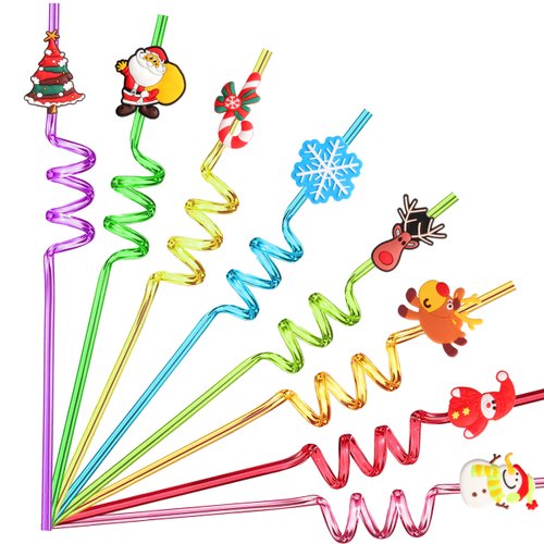 TMGIDRI 24 Christmas Party Favors for Kids, Christmas Party Decorations Supplies, Xmas Candy Bags Supplies, Christmas Goodie Gifts, Drinking Straws with 2 Cleaning Brushes