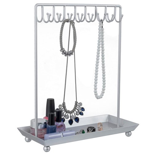 MyGift Silver Tone Metal Jewelry Stand Necklace Display Organizer with 20 Hooks and Ring Tray