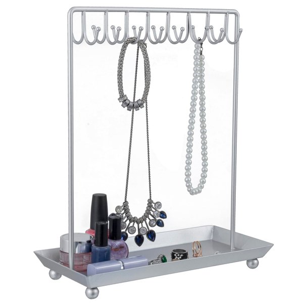 MyGift Silver Tone Metal Jewelry Stand Necklace Display Organizer with 20 Hooks and Ring Tray