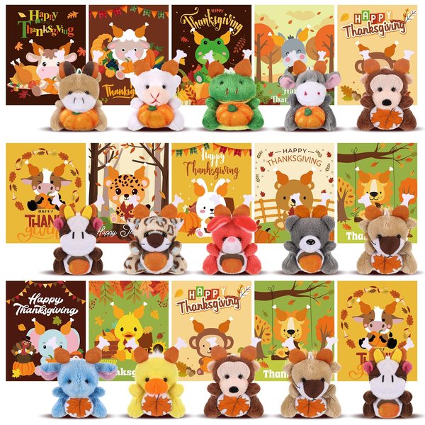Hollowfly 15 Sets Thanksgiving Mini Stuffed Animals with Thanksgiving Cards Fall Mini Soft Plush Toy with Pumpkin Maple Leaf Gift Set for Thanksgiving Party Favors Goodie Bag Filler Prizes Gifts