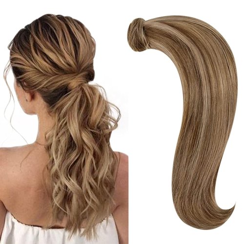 RUNATURE Human Hair Ponytail Extension Dark Blonde with Caramel Blonde Thick Ponytail Extension Human Hair with Magic Paste Short Ponytail Hair Extensions Human Hair Straight Full Ends 14 Inch 70g