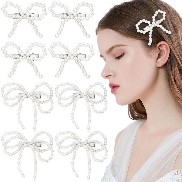 8 Pcs Pearl Bow Hair Clips Cute Hair Barrettes Elegant Hair Pins Silver Duckbill Hair Clips Decorative Bobby Pins Pearl Hair Accessories for Girls Women