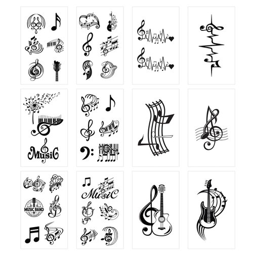 40 Pieces Black Music Temporary Tattoos,12 Sheets Guitar Words Symbols Fake Waterproof Stickers for Women Men Girls Lower Back Shoulder Neck Arm Body Art