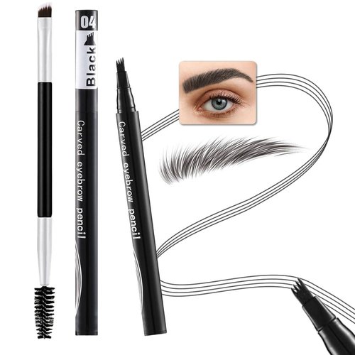 Magic Waterproof Microblade Eyebrow Pencil,4 Tipped Precise Eye Brow Contouring Pen with Sponge Micro-Fork Tips Applicator,3d Microblading Eyebrow Pencil Creates Natural-Looking Brows-Black
