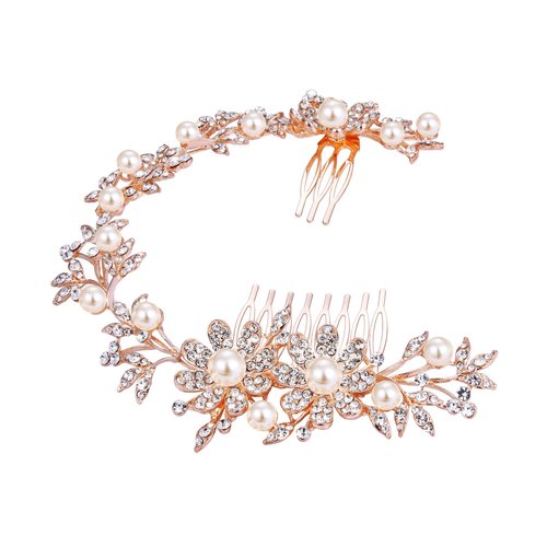 BriLove Women's Bohemian Wedding Bridal Daisy Flower Crystal Ivory Color Bling Bridal Headband Hair Comb Clear Rose-Gold-Toned