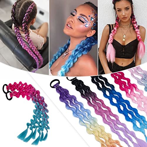 Hairro Colored Braids Hair Extensions with Rubber Bands Rainbow Braided Synthetic Hairpieces Ponytail Hair Accessories for Women Kids Girls Party Highlights 24 Inch 2pcs/Pack