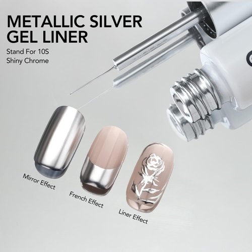 GAOY Metallic Silver Gel Nail Polish Art Liner, 8ml 3D Mirror Chrome Effect Colors Metal Silver for Nail Paint Design with Thin Brush DIY French Manicure and Pedicure at Home