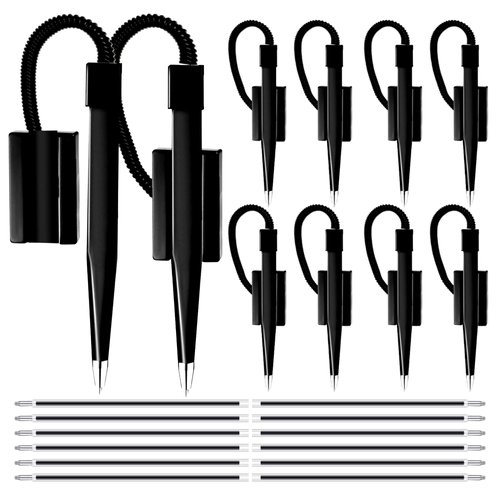 Performore 12 Pack of 5 inch Secure Counter Pens, Black with Plastic Secure Cord Attached To Adhesive Back Base Pen Holder, Reception Pen Includes 12 Refills for Home Workplace School Office
