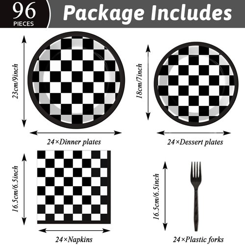 96 Pieces Black and White Checkered Tableware Set for Racing Car Table Decorations Supplies Race Sports Themed Dessert Plates Race-car Party Napkins Forks for 24 Guests Car Birthday Party Favors