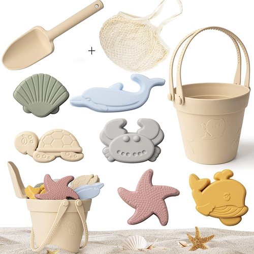 9Pcs Silicone Beach Toys, Modern Baby Beach Toys,Travel Friendly Beach Set, Silicone Bucket, Shovel, Sand Toy Molds, Beach Bag, Silicone Sand Toys Toddlers Sandbox Toys for Kids (Light khaki)