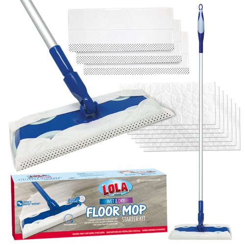 Lola Products 2-in-1 Wet & Dry Floor Cleaner Mop Starter Kit | Includes 1 Mop, 7 Dry Sweeper Cloths, and 3 Lavender Scented Wet Cloths | 48" Coated Steel Handle | Swiffer Sweeper Comparable