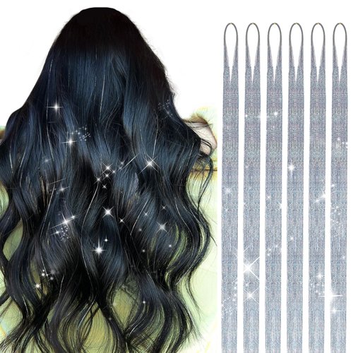 DOORES Silver Fairy Tinsel Hair Extensions, 6 Pcs 48 Inch 1200 Strands Sparkling Shiny Glitter Fairy Hair Tinsel for Christmas New Year Halloween Parties Silver Hair Accessories