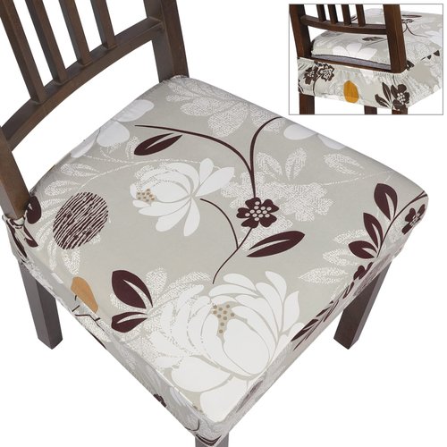 SearchI Stretch Dining Chair Seat Covers Set of 6, Soft Removable Washable Seat Covers for Dining Chairs, Dining Room Seat Cover Protector (No Rear, Brown Flower)