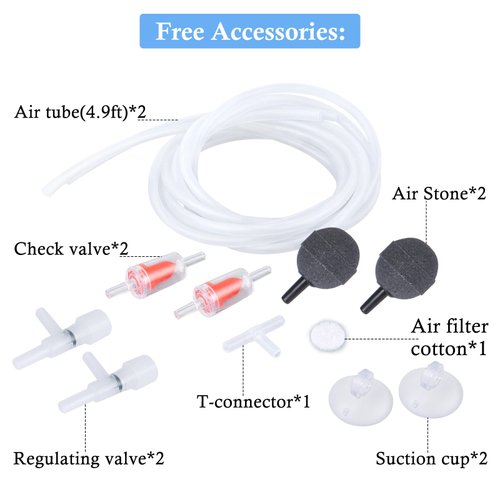 HITOP Dual Outlet Aquarium Electric Air Pump, Whisper Adjustable Fish Tank Aerator, Quiet Oxygen Pump with Accessories for 20 to 100 Gallon (2 outlets)