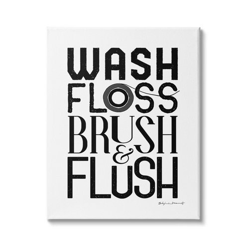 Stupell Industries Bathroom Terms Wash Floss Brush Flush Minimal Text, Designed by Stephanie Workman Marrott Canvas Wall Art, 16 x 20, Black