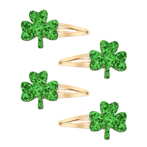 2 Pairs Glitter Green Clover Hair Clips Lucky Shamrock Hairpins Women Girls St. Patrick's Day Costume Hair Accessories