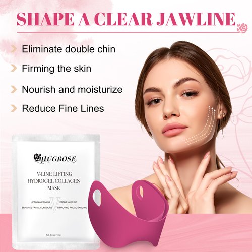 HUGROSE Double Chin Mask, 10PCS V-LINE Lifting Mask, V Shape Face Tape Chin and Neck Mask for Skin Firming, Toning Hydrogel Collagen Face Mask with Hyaluronic Acid & Aloe Vera