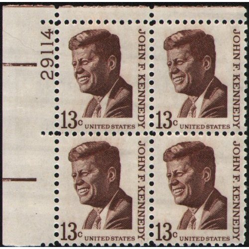 JFK ~ JOHN F. KENNEDY #1287 Plate Block of 4 x 13¢ US Postage Stamps