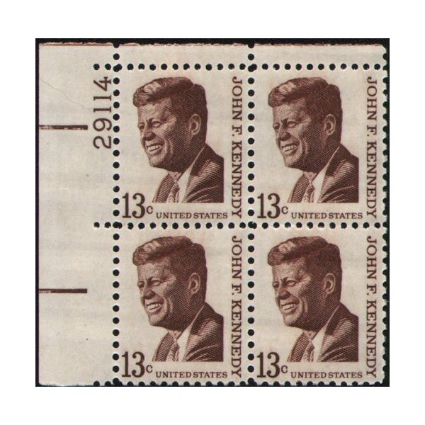 JFK ~ JOHN F. KENNEDY #1287 Plate Block of 4 x 13¢ US Postage Stamps