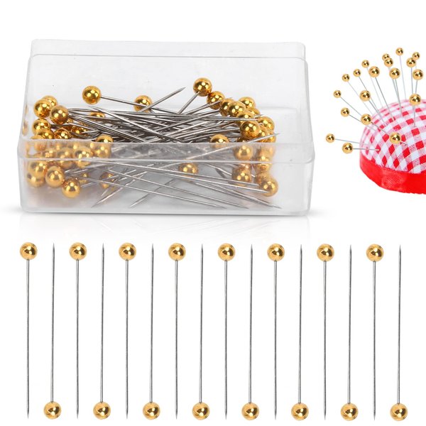 Sewing Pins, 100pcs Straight Pins Golden Pearlized Ball Head Pins Straight Pin for Fabric Straight Quilting Pin with Plastic Box for DIY Sewing Craft Dressmaker Jewelry Decoration