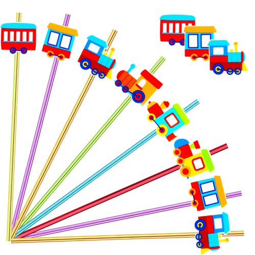 24 Pack Train Theme Straws 6 Colors Reusable Plastic Straws Drink Cocktail Straws with Cartoon Decoration Kids Train Party Supplies Birthday Party Favors with 2 Cleaning Brushes