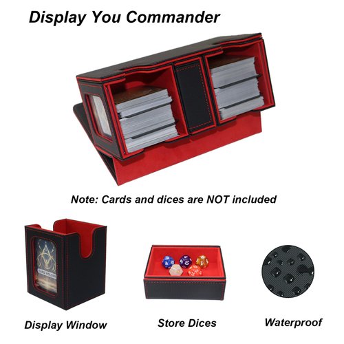 Card Deck Box for MTG, Commander Deck Case Fits 200+ Double-Sleeved Cards, 14 Magnets Leather Removable Card Storage Box with 2 Commander Display, 4 Dividers and Dice Tray fit TCG CCG,Black&Red