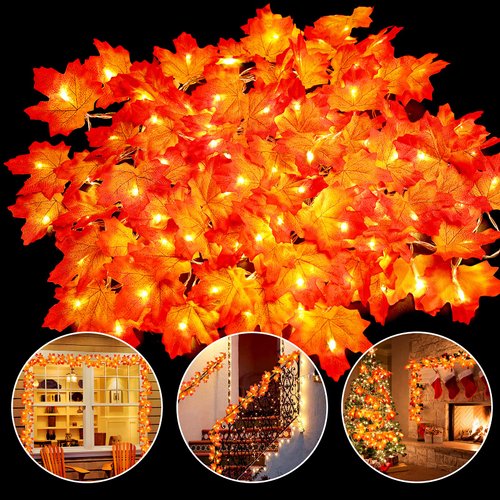 OCATO 4PCS Fall Decor Thanksgiving Decorations for Home Table, Fall Leaves Garland Lights 40FT 80LED Halloween Decorations Indoor Outdoor Fall Home Room Decor Autumn Harvest Party Wedding Decorations