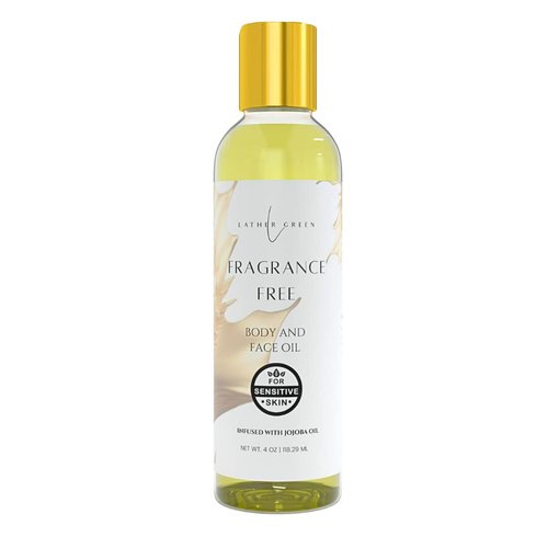 LATHER GREEN Pure Fragrance-Free Face and Body Oil for Women, Men, and Kids with Vitamin E, Jojoba, Grapeseed, and Almond Oils, Moisturizer for Sensitive Skin, 4 fl. oz.