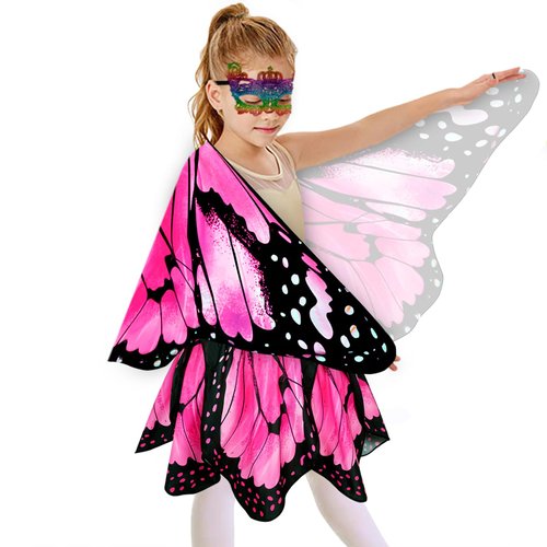 Sunlisky Kids Butterfly Wings Costume for Girls Fairy-Wings Mask Party Favors Gifts (Pink+skirt sets)