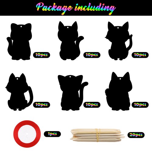CY2SIDE 60PCS Cat Animal Rainbow Color Scratch Bookmarks for Kids, DIY Cat Rainbow Color Scratch Craft Kit Birthday Party Decors, Catling Pet Magic Art Rainbow Color Craft Kit for Birthday Party Favor