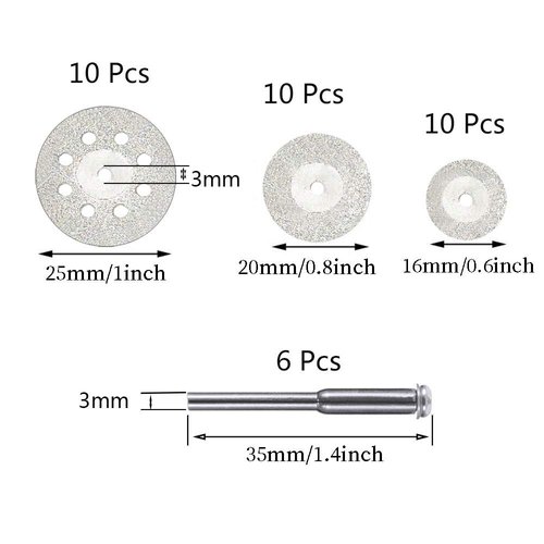 Hamineler 30 Pcs Diamond Cutting Wheel (25mm/20mm/16mm Each 10), Diamond Coated Cutting Wheel and 6pcs 3mm Mandrel for Rotary Tool