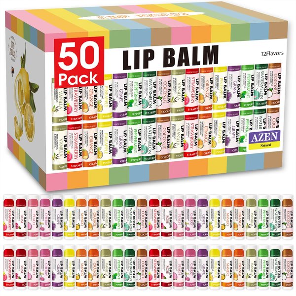AZEN 50 Pack Lip Balm, Natural Lip Balm Bulk, Lip Care Product, Moisturizing Lip Balm for dry cracked lips