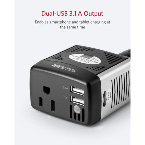 BESTEK 150W Power Inverter 12V to 110V Voltage Converter Car Charger Power Adapter with 2 USB Charging Ports (3.1A Shared) (150W)