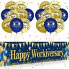 Happy Work Anniversary Decorations Banner Blue Gold Happy Workiversary Banner Yard Sign with 18 Pcs Balloons for Office Anniversary Party Decoration Employee Appreciation Banner Office Party Supplies