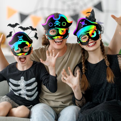 Deekin 60 Pcs Pirate Scratch Mask Craft Kit Rainbow Masks Pirate Scratch Crafts Gift Set Pirate Party Accessories Pirate Scratch Party Favors Art Pirate Party Decorations