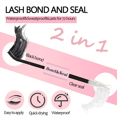 Lash Bond and Seal Kit 2Pcs DIY Lash Extension Waterproof Lashe Cluster Glue 72h Hold Portable Individual Lash Glue for Eyelash Extensions Beginners Black Bond&Clear Seal(5ml+5ml）