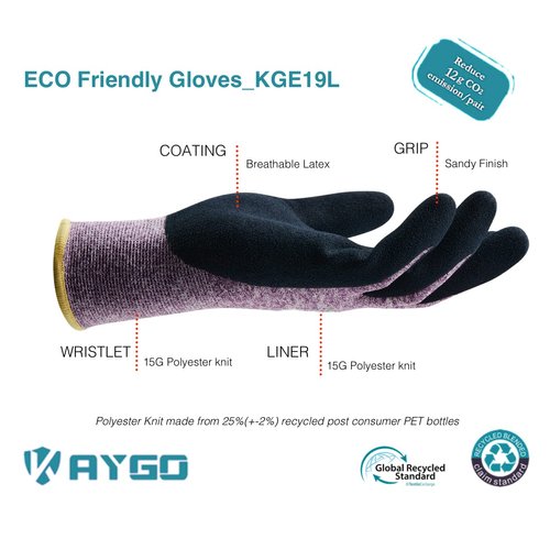 KAYGO Work Gloves for Women KGE19L Eco Friendly Gloves with Breathable Rubber Coated, 3 Pairs,Medium,Purple
