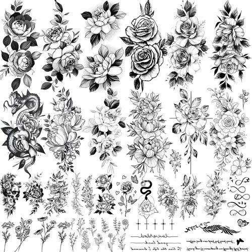 Tazimi 28 Sheets Black Flower Temporary Tattoos For Women Girls-Realistic Black Sketch Flower WordArt Peony Rose Wild Plants Waterproof Temporary Tattoos for Arms Abdomen Legs Body Art Decoration