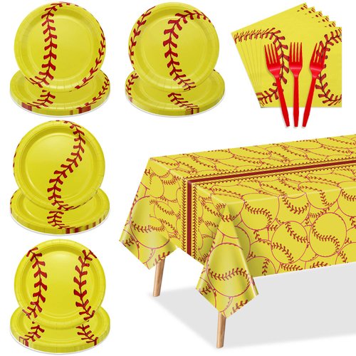 Softball Party Decorations - 81Pcs Softball Birthday Party Decorations Softball Plates and Napkins Sets, Softball Tablecloth for Sports Fans Kid Adult Softball Party Supplies, Serve 20