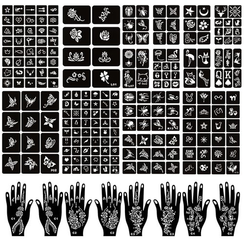 Henna Tattoo Kit Reusable for Women Girls and Kids,210+Pcs Tattoo Templates,Temporary Indian Arabian Glitter Airbrush Tattoo Stencils for Face Body Paint DIY