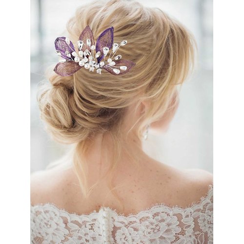 Campsis Pearl Bridal Hair Comb for Wedding Purple Handmade Rhinestones Hair Side Comb for Bridal Crystal Flower Hair Pieces Accessories for Bride Bridesmaid Prom Party Present