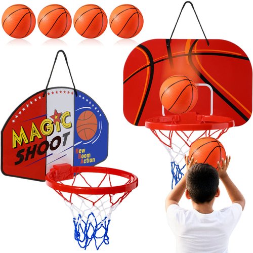 Sosation 2 Pcs Mini Basketball Hoop with 4 Basketball, Sticky Hook, Pump, Indoor No Drilling Basketball Hoop Decompress Game for Christmas Kid Adult Gift(Shoot, Basketball Pattern Style)