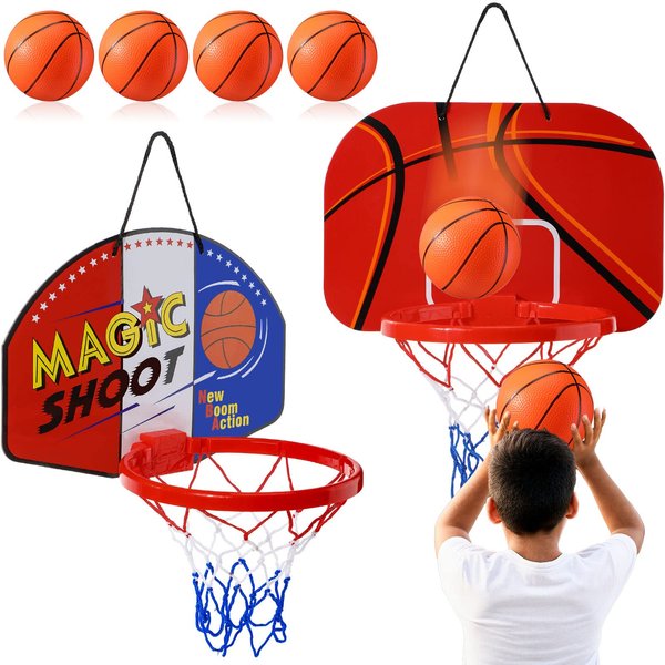Sosation 2 Pcs Mini Basketball Hoop with 4 Basketball, Sticky Hook, Pump, Indoor No Drilling Basketball Hoop Decompress Game for Christmas Kid Adult Gift(Shoot, Basketball Pattern Style)