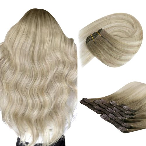 Sunny Clip in Hair Extensions Human Hair Ash Blonde Ombre Sunkissed Blonde Clip in Human Hair Extensions Double Weft Ombre Human Hair Clip in Extensions 7Pcs 120G 14inch