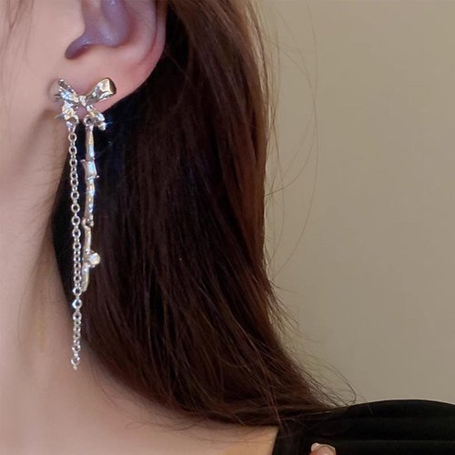 Sttiafay Vintage Bow Crystal Drop Earrings Silver Bar Dangle Earrings Long Crystal Bow Chain Earrings Cz Tassel Chain Earrings Jewelry for Women