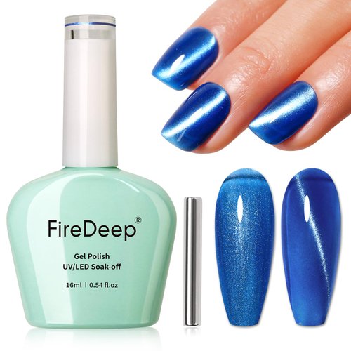 Firedeep Cat Eye Gel Nail Polish 16ml Sapphire Blue Gel Polish Holographic Glitter UV/LED Gel Polish for Nail Art DIY at Home Manicure with Magnetic Stick
