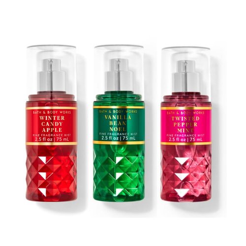 Bath & Body Holiday Traditions Mini Gift Box Set - Vanilla Bean Noel, Winter Candy Apple, & Twisted Peppermint Travel Size Fine Fragrance Mists Arranged In Decorative Gift Box